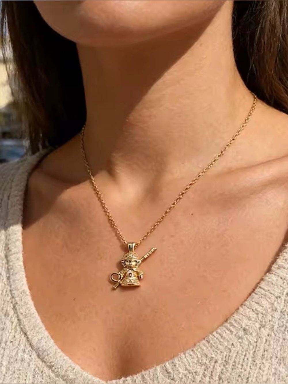 18K Gold Monkey King w/ Staff Micro Pave Diamond Inlay Necklace Mythology Legend - Picture 12 of 13